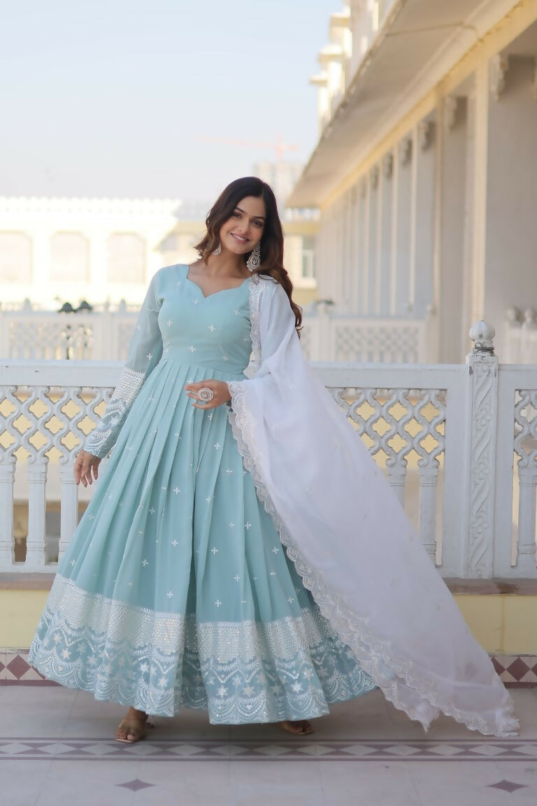 Jyoti Fashion Women's Turquoise Faux Georgette Sequins Thread Embroidery Anarkali Dress with Dupatta | Swadesiicart