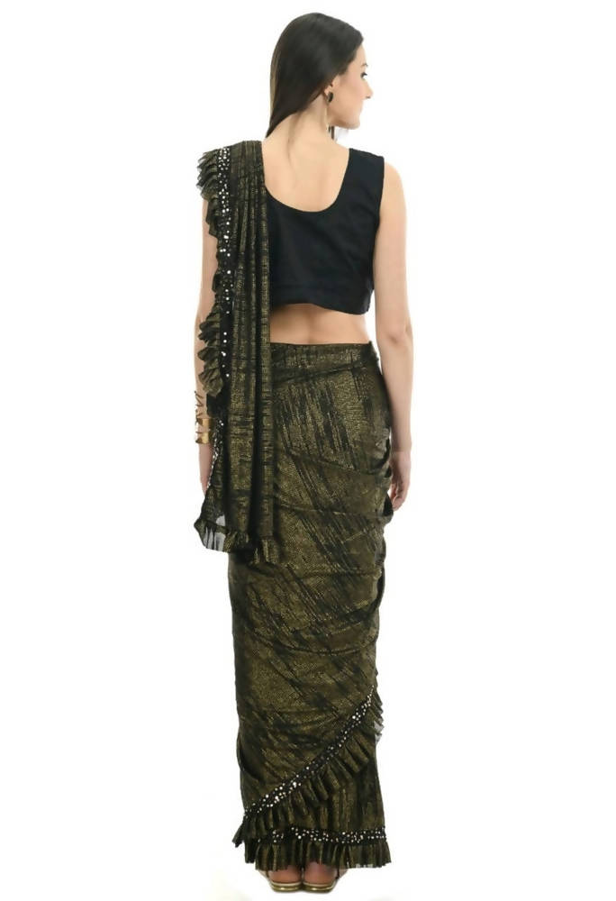 Mominos Fashion All Season Wear Olive Green And Black Ruffled Ready To Wear Saree - Swadesiicart