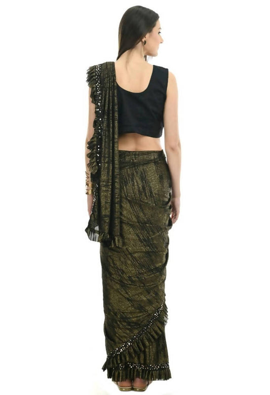 Mominos Fashion All Season Wear Olive Green And Black Ruffled Ready To Wear Saree - Swadesiicart