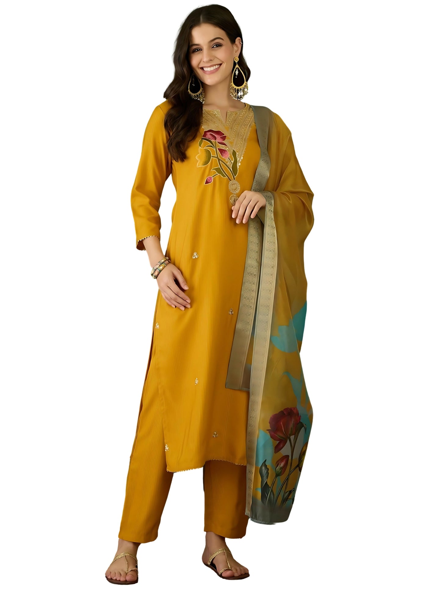 The52 Mustard Women's Beautiful Rayon Fabric Embroidered Work Straight Kurta, Pant and Dupatta Set - Swadesiicart