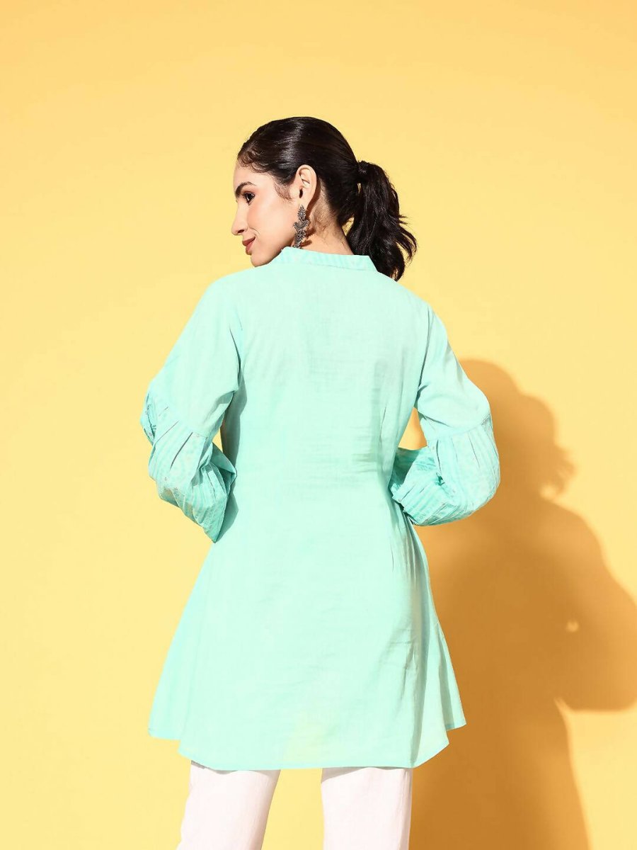 Ahalyaa Women Mint Green Pure Cotton Silver Print Tunic | Swadesiicart