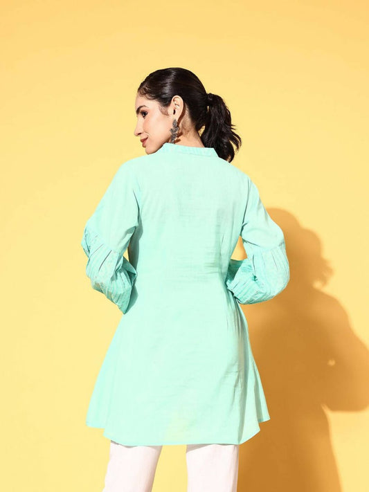 Ahalyaa Women Mint Green Pure Cotton Silver Print Tunic | Swadesiicart