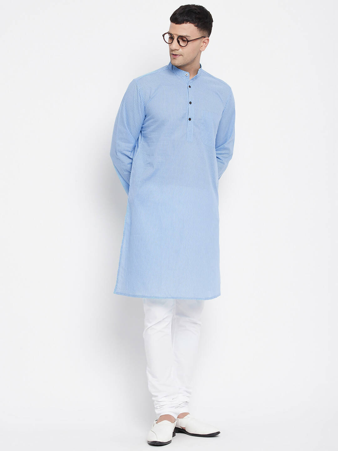 Even Apparels Blue Pure Cotton Men's Kurta With Band Collar | Swadesiicart