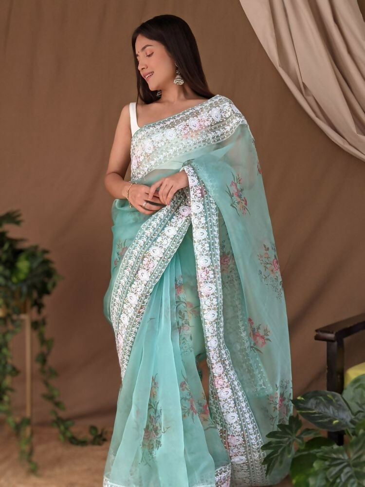 Vamsee White Border C-Green Organza Saree - Swadesiicart