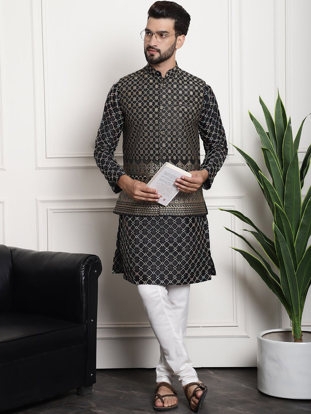 Sojanya Ethnic Motifs Woven Design Embroidered Straight Kurta & Churidar With Nehru Jacket | Swadesiicart