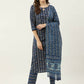 FIORRA Women's Blue Cotton Straight Kurta Pant With Dupatta - Swadesiicart