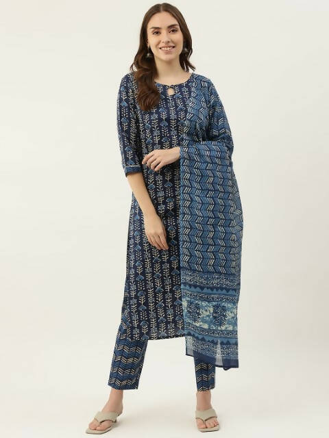 FIORRA Women's Blue Cotton Straight Kurta Pant With Dupatta - Swadesiicart