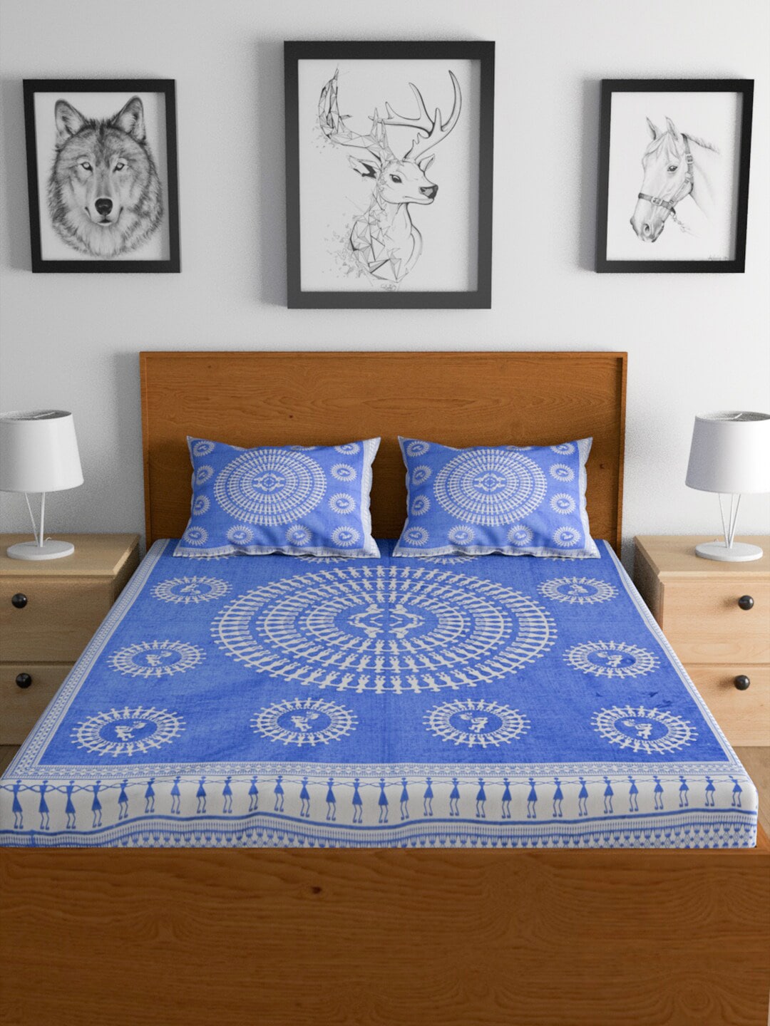Urban Magic Blue Ethnic Motifs Printed Cotton 104 TC Queen Bedsheet With 2 Pillow Covers - Swadesiicart