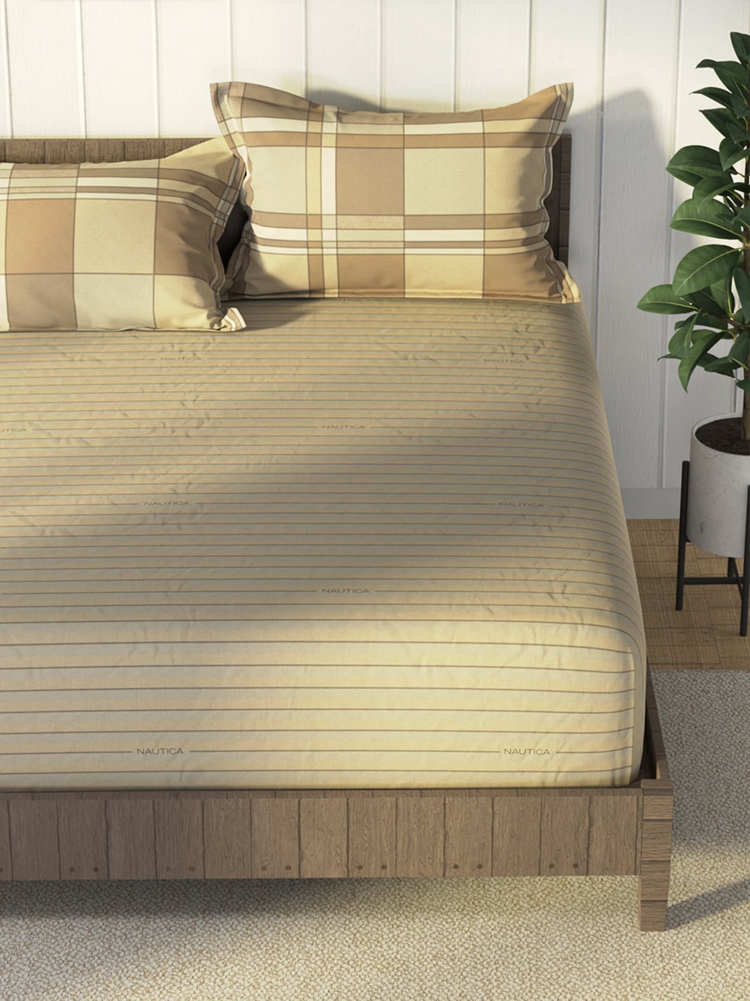 Nautica Brown & Brown Striped Cotton 160 TC King Bedsheet With 2 Pillow Covers - Swadesiicart