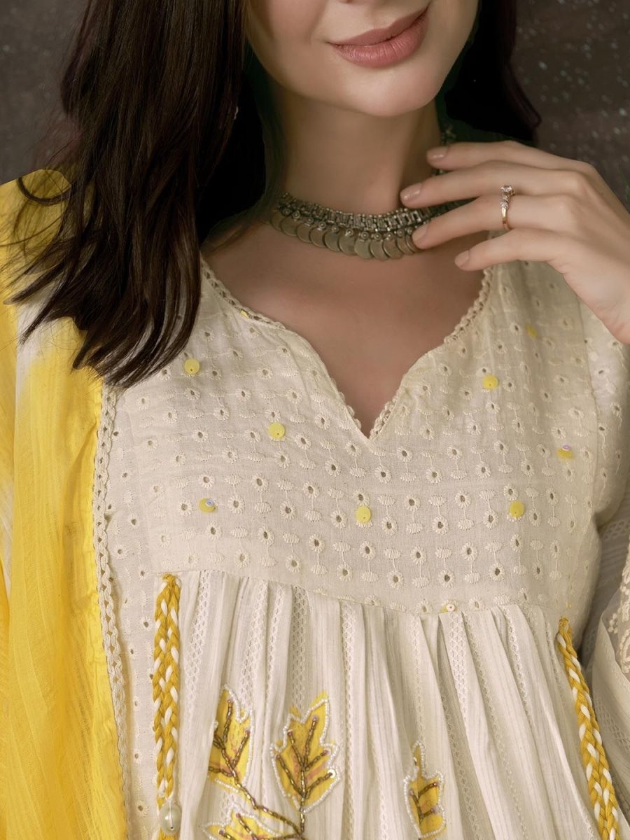 Anouk Embroidered Pleated Chikankari Pure Cotton A-Line Kurta With Trousers & Dupatta | Swadesiicart