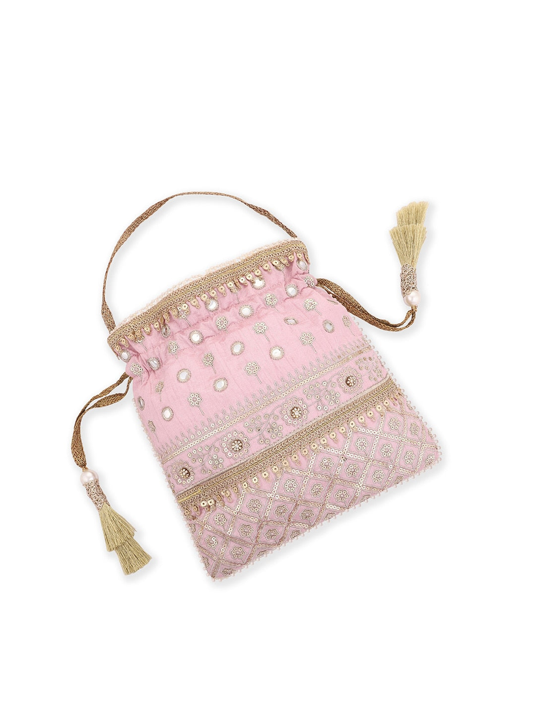 Masq Pink & Gold-Toned Embellished Potli Clutch - Swadesiicart