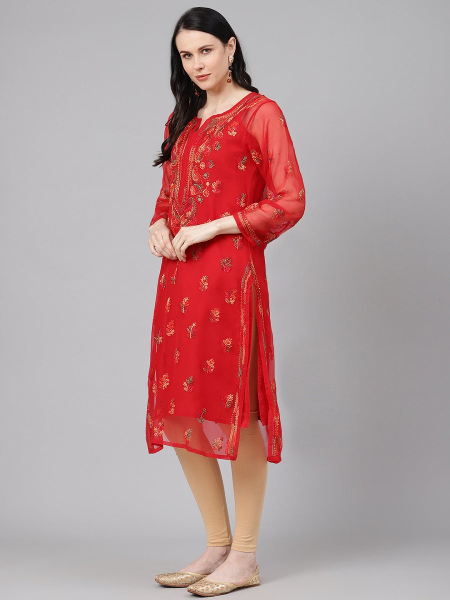 ADA Women Red & Yellow Sheer Chikankari Embroidered Straight Sustainable Handloom Kurta with Inner | Swadesiicart