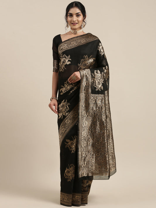 Saree Mall Black Floral Linen Blend Banarasi Saree | Swadesiicart