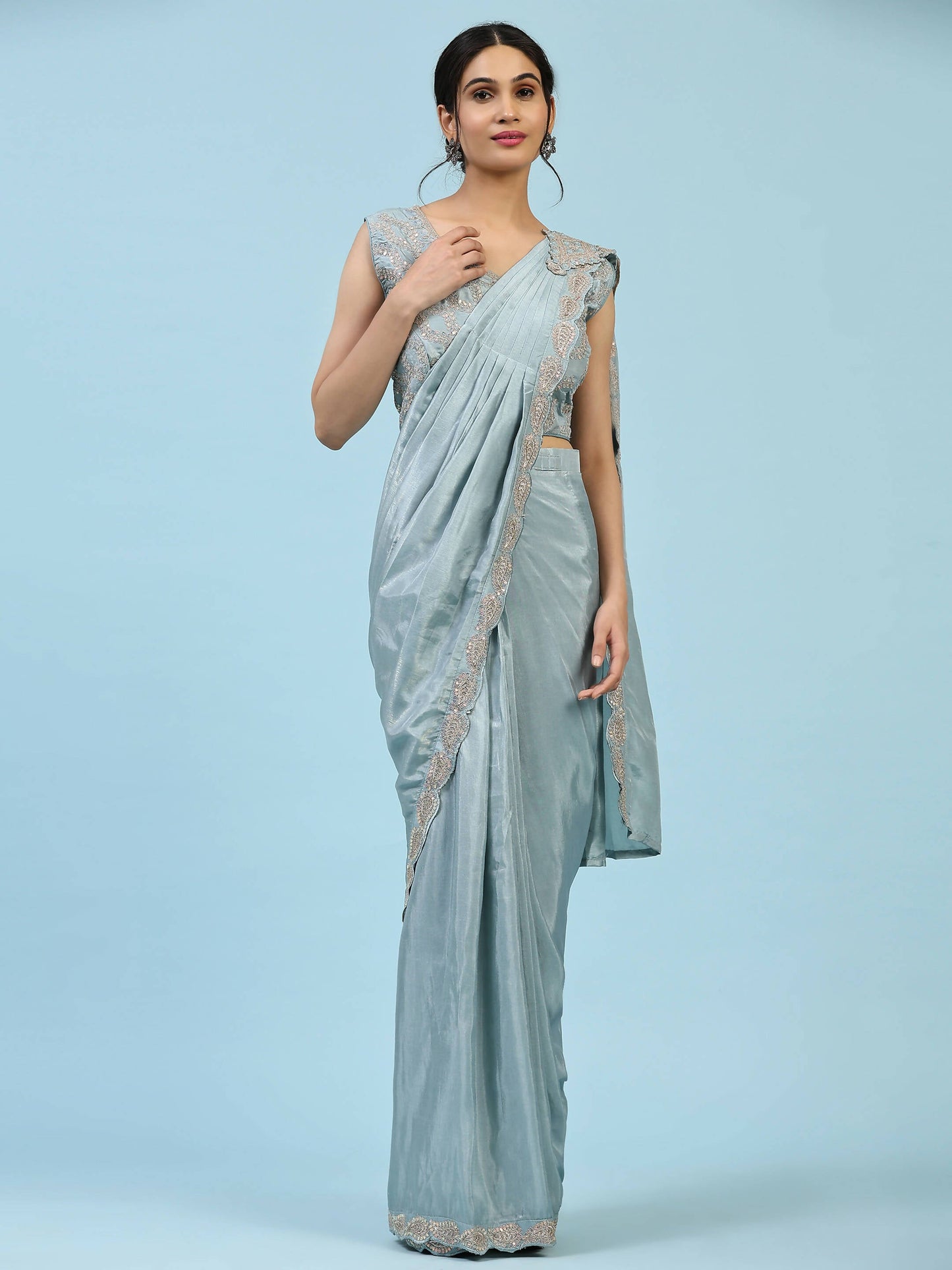 Sky Blue Silk Satin Plain Ready to wear Saree with stitched Blouse - Vrinda | Swadesiicart