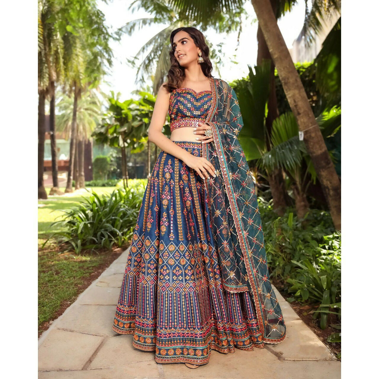 Jyoti Fashion Outstanding Blue Chinon 3MM, 9MM Sequins with Thread & Jari Embroidery Lehenga Choli with Dupatta | Swadesiicart
