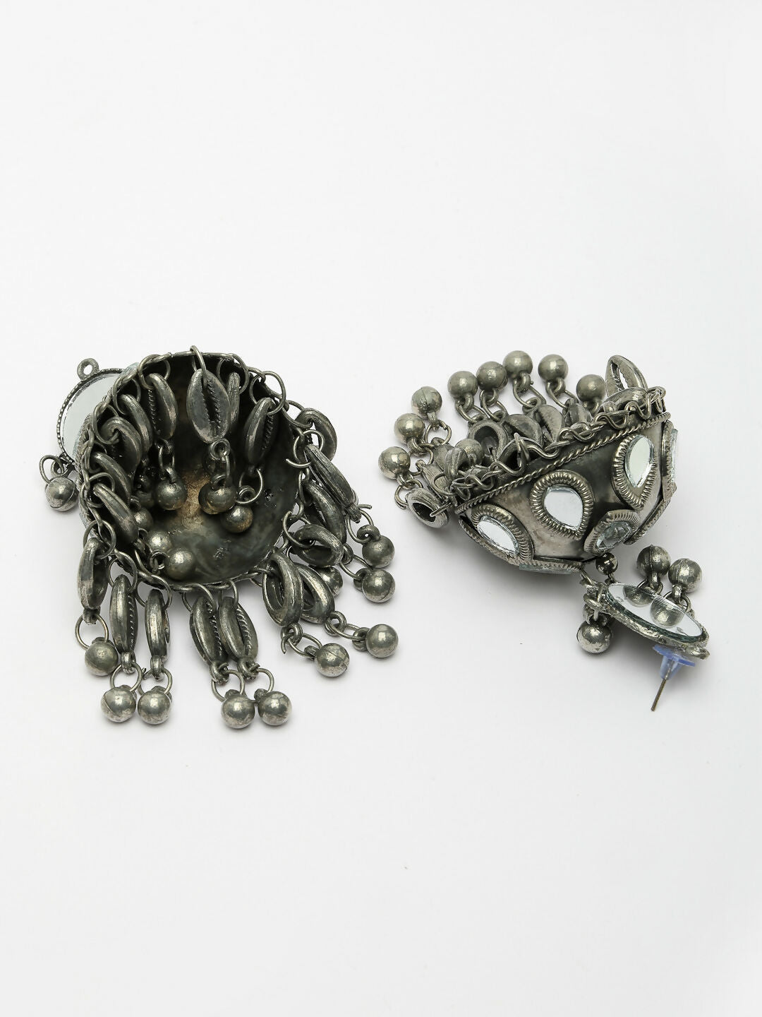 NVR Women's Silver Plated Mirror Work Oxidised Contemporary Jhumka Earrings | Swadesiicart