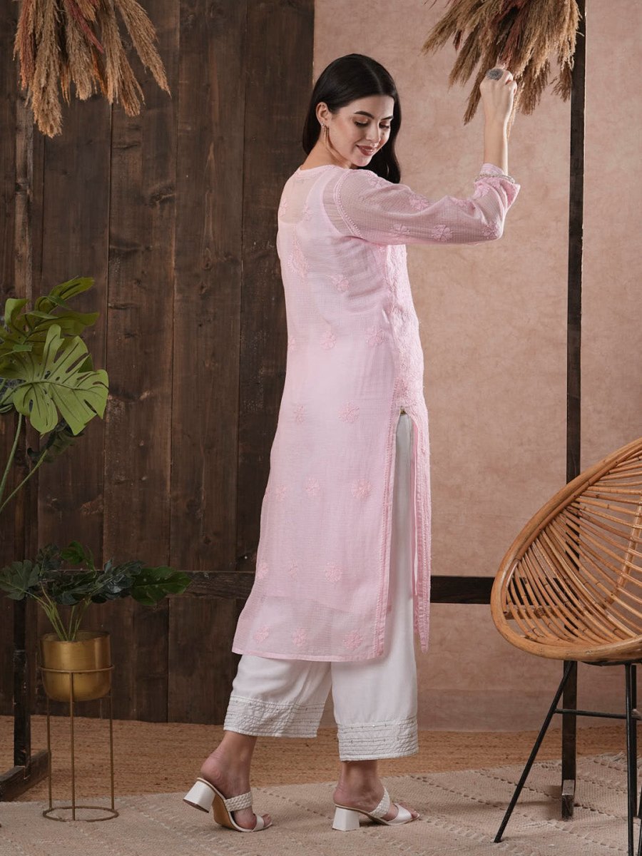 ADA Women Pink Chikankari Hand Embroidered Straight Kota Handloom Kurta With Matching Slip | Swadesiicart