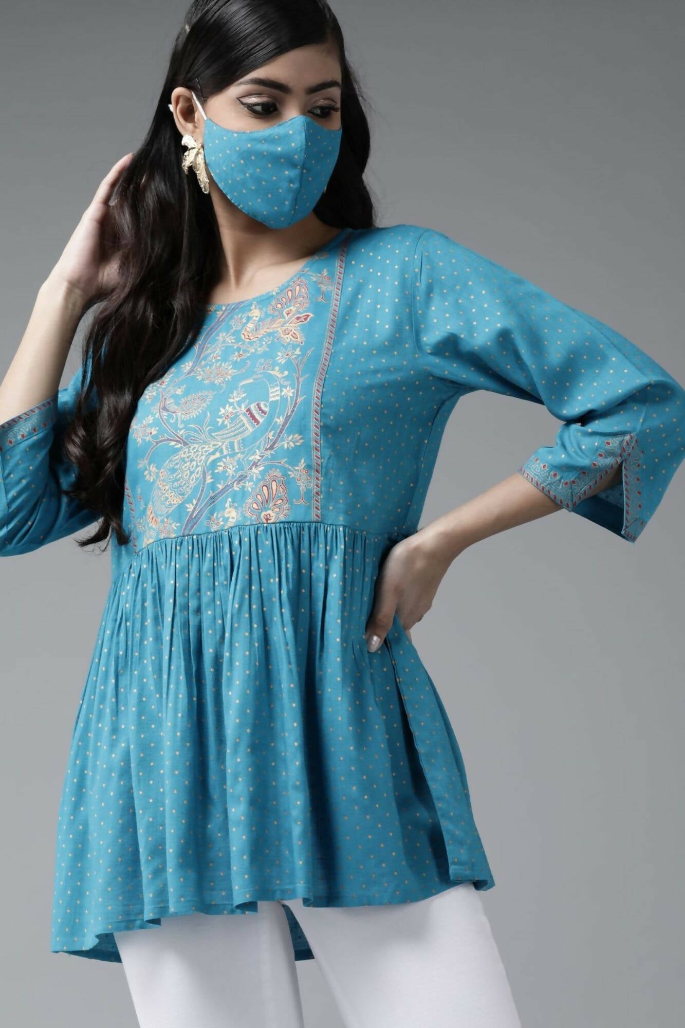 Juniper Women Skyblue Rayon Slub Polka Print Peplum Tunic | Swadesiicart