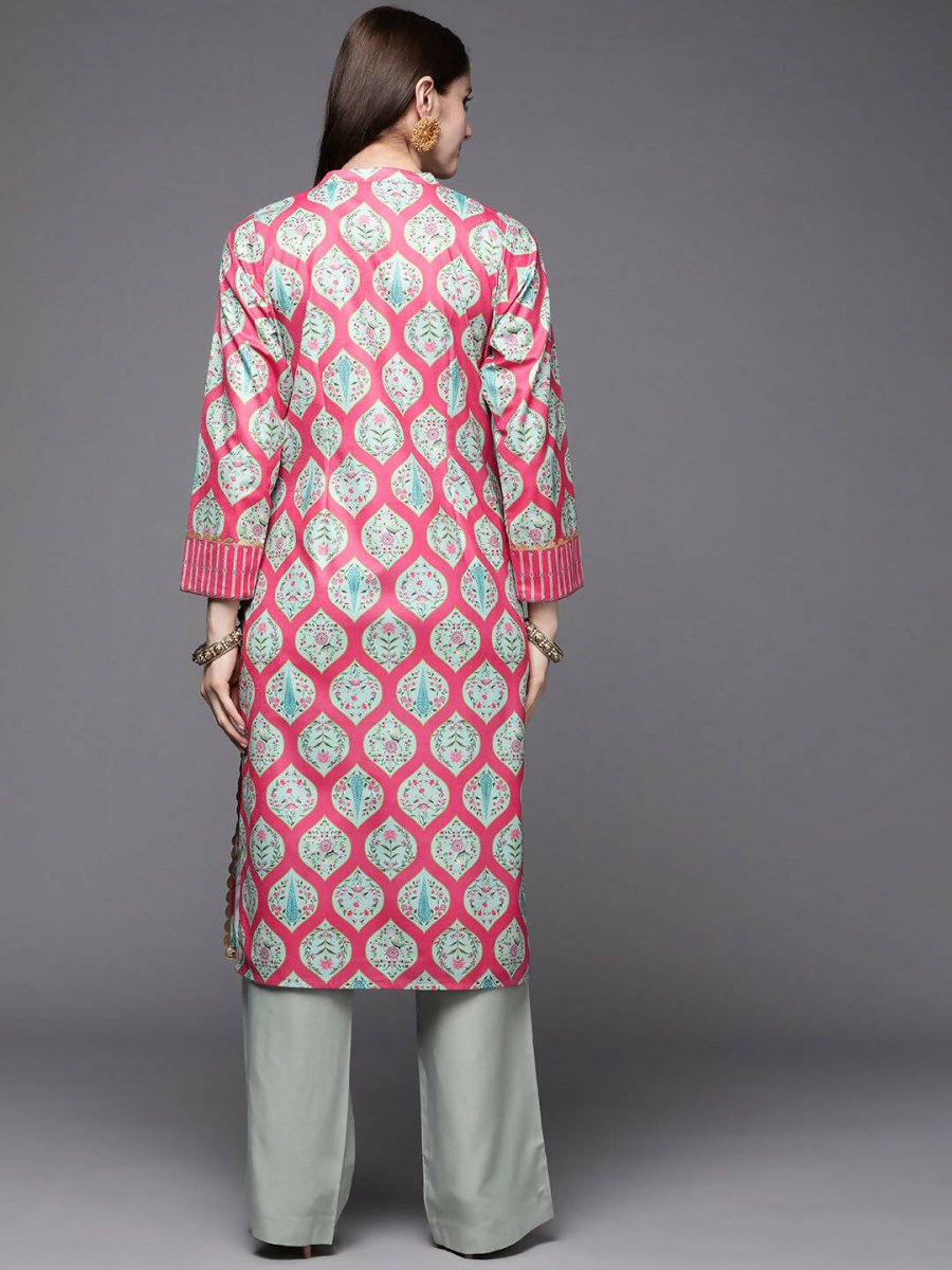 Ahalyaa Women Pink & Sea Green Floral Printed Gotta Patti Velvet Kurta | Swadesiicart