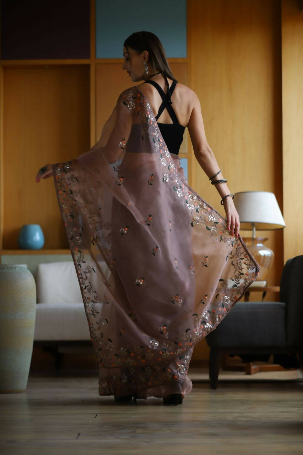 Vamsee Brown Organza Saree - Swadesiicart