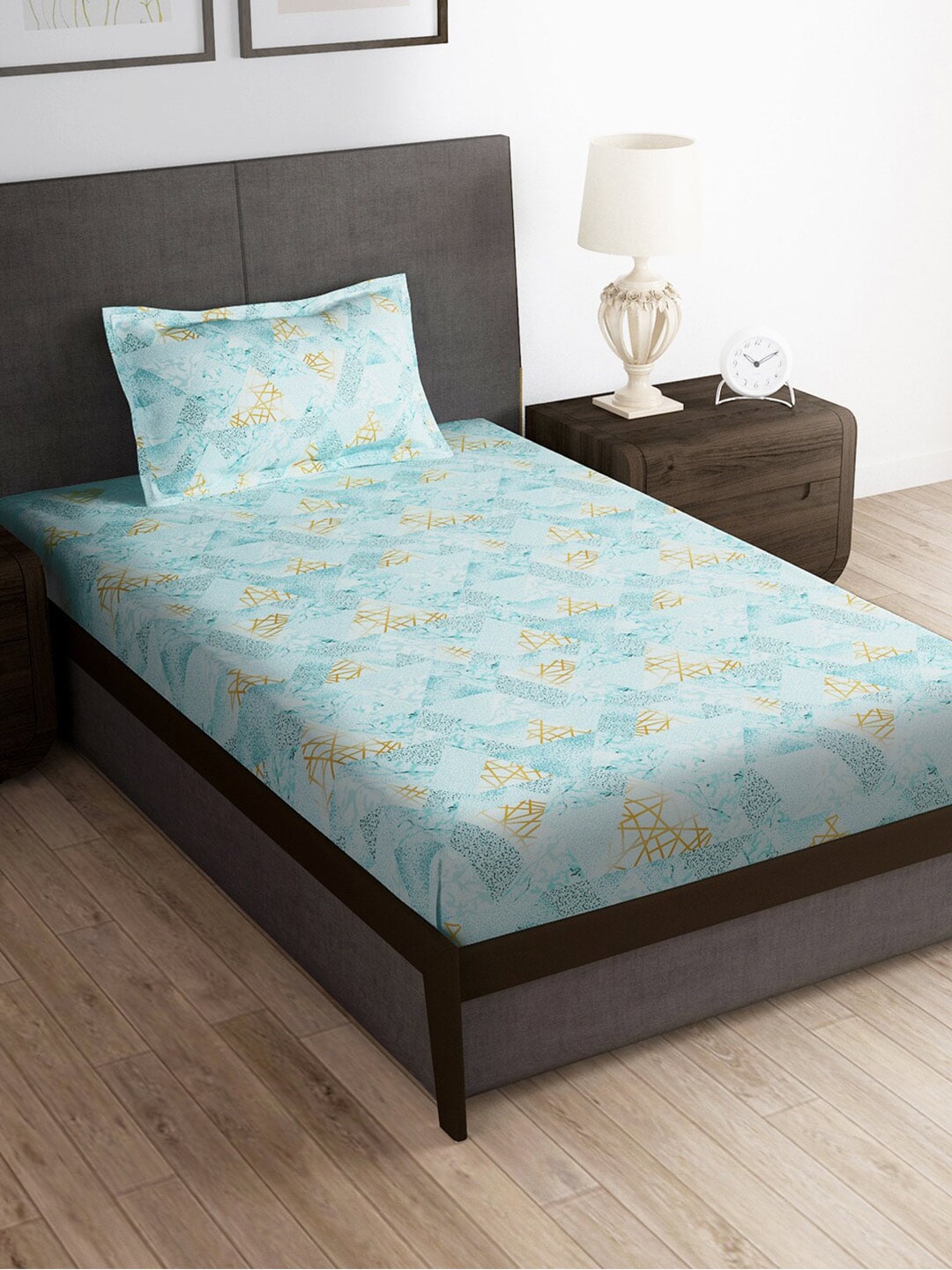 Story@home Blue & Yellow Printed Microfiber 180 TC Bedsheet With Pillow Cover - Swadesiicart