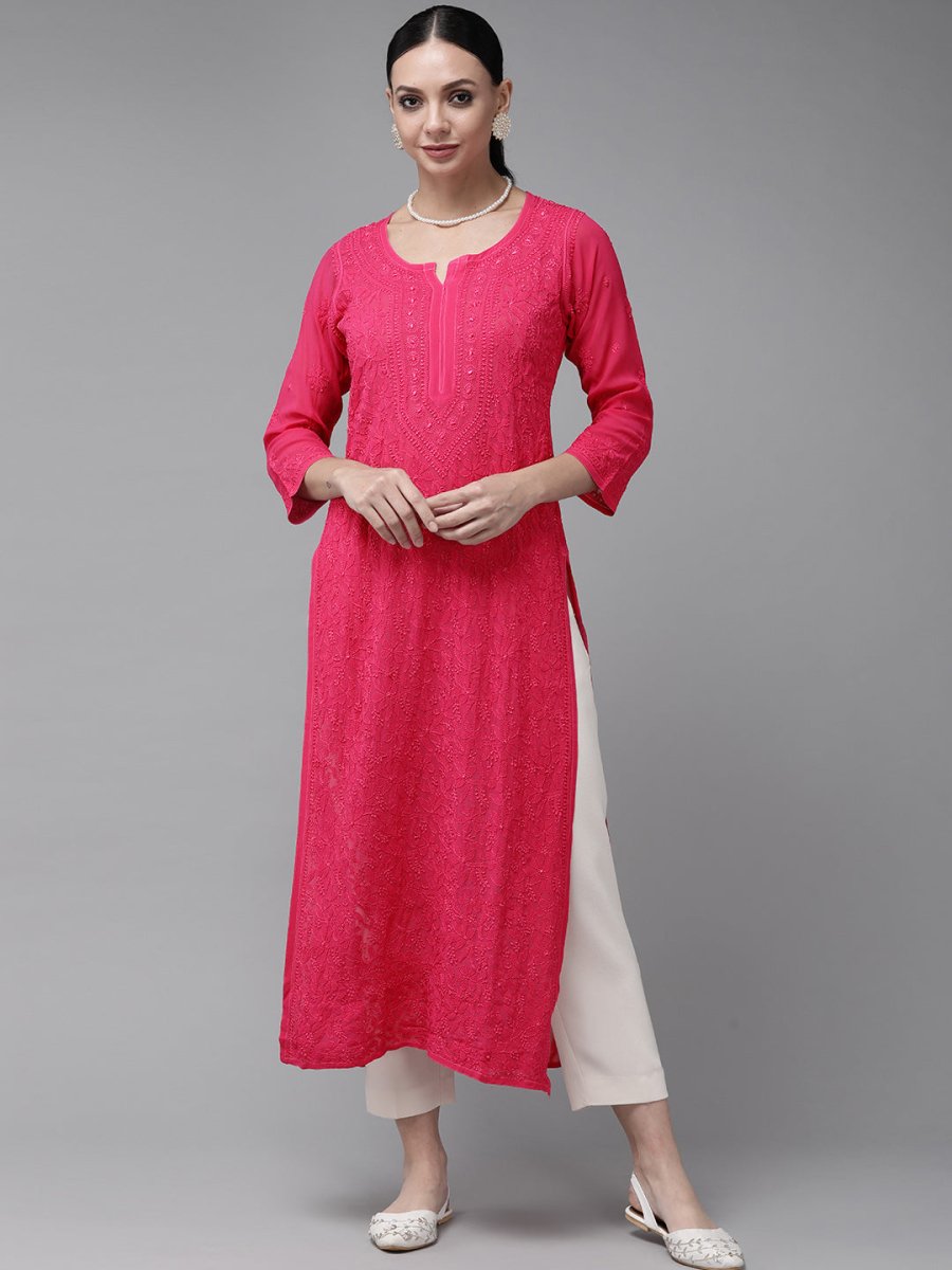 ADA Women Magenta & Magenta Ethnic Motifs Embroidered Chikankari Georgette Kurta | Swadesiicart