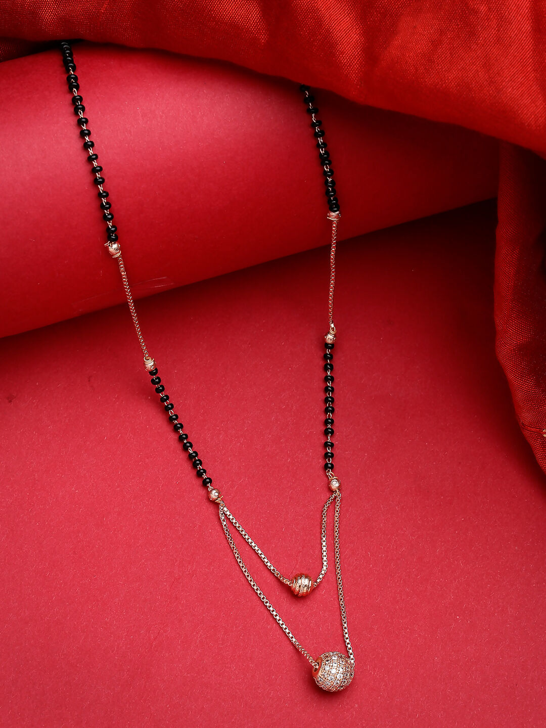 NVR Women's Rose Gold CZ Stone-Studded & Beaded Layered Mangalsutra | Swadesiicart