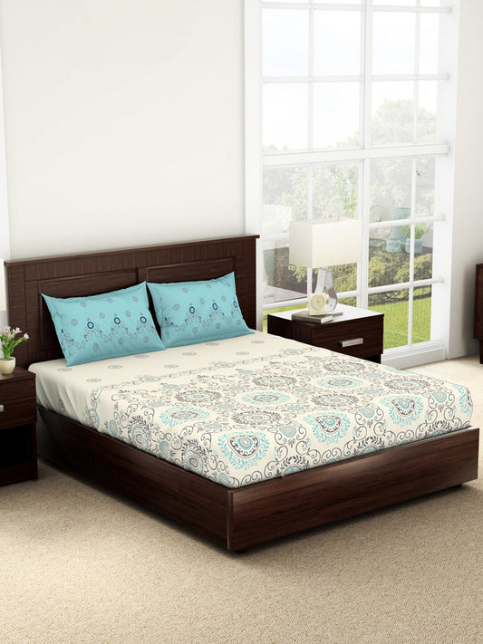 SPACES Reagalis Cream Ethnic Motifs 140 TC Cotton Queen Bedsheet & 2 Pillow Covers - Swadesiicart