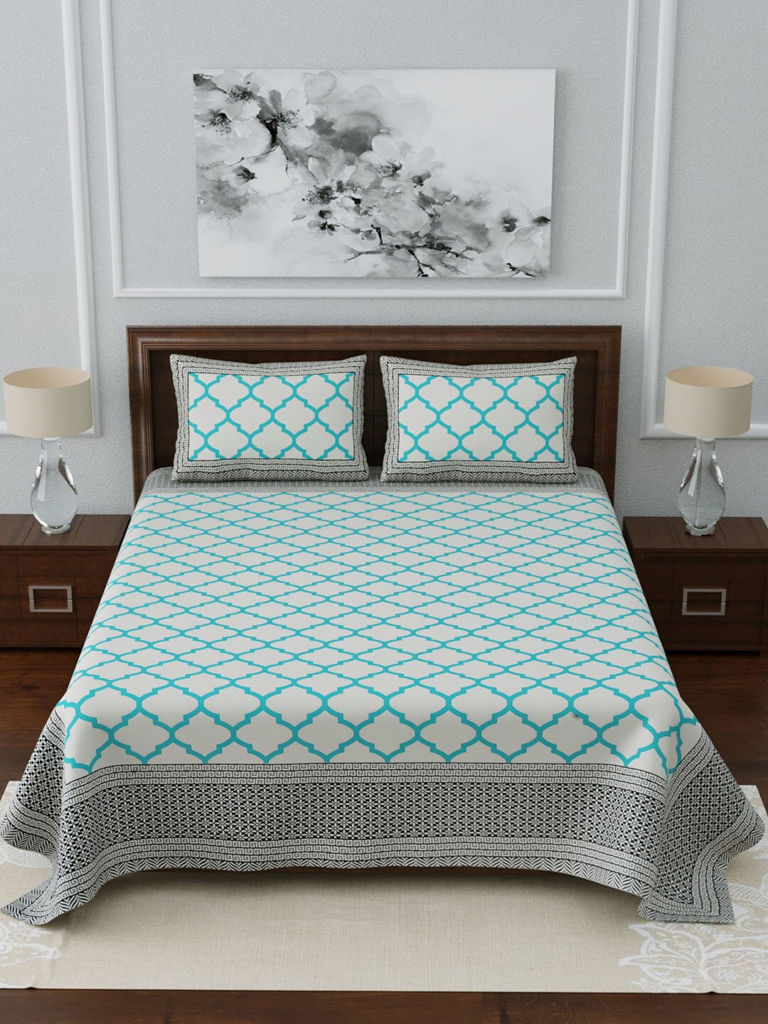 LIVING ROOTS White & Blue Printed 210 TC 1 King Jaipuri Bedsheet With 2 Pillow Covers - Swadesiicart