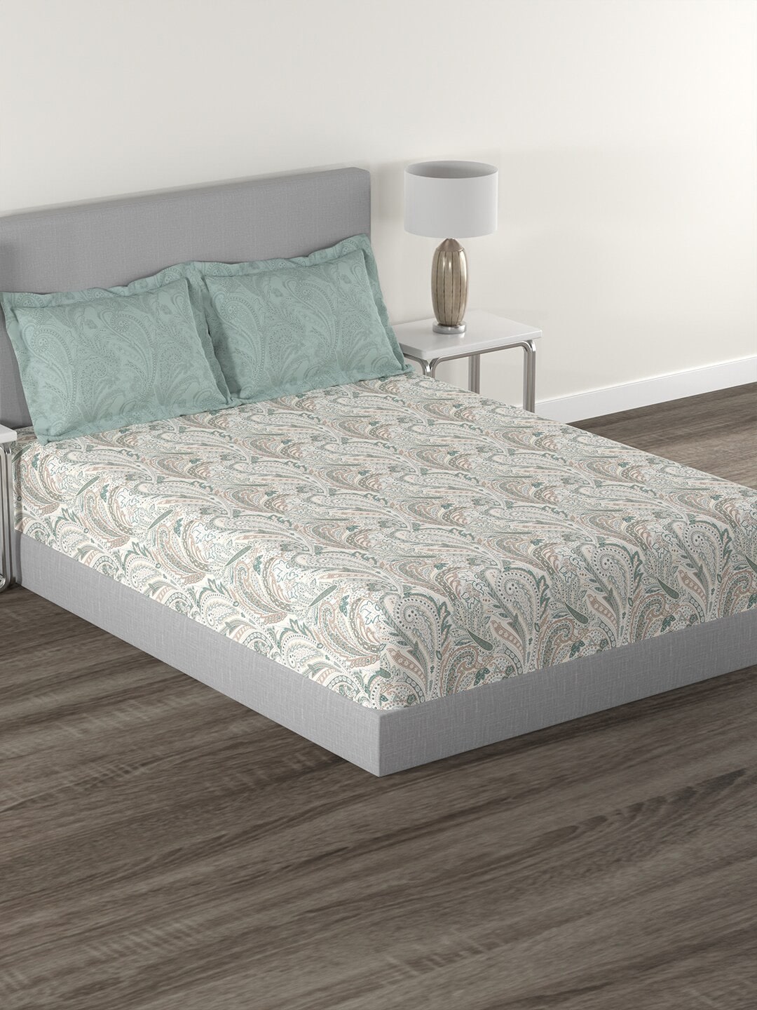 MYTRIDENT Green White Ethnic Motifs Cotton 144 TC Queen Bedsheet With 2 Pillow Covers - Swadesiicart