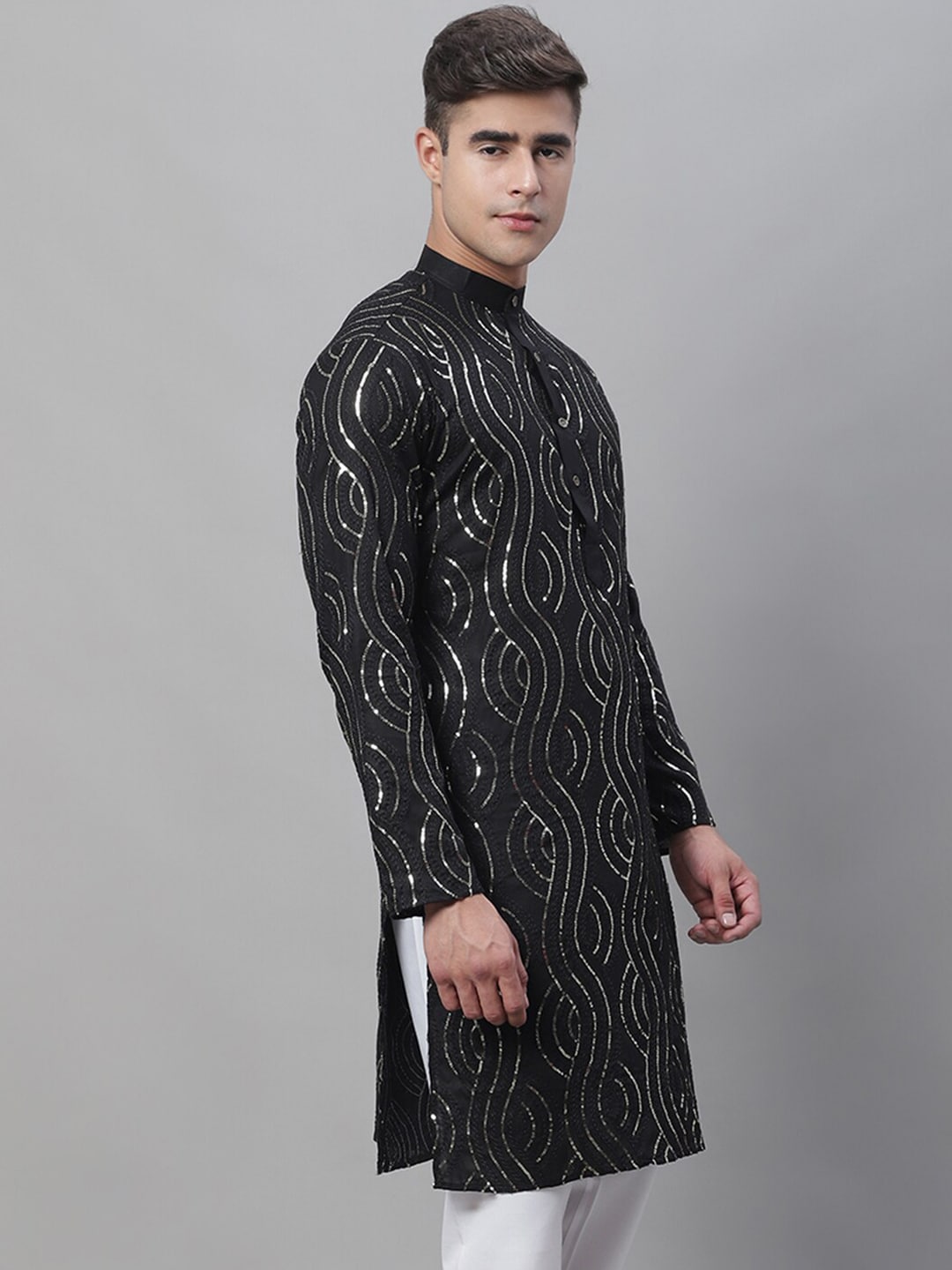 Sojanya Sequined Mandarin Collar Pure Cotton Kurta | Swadesiicart