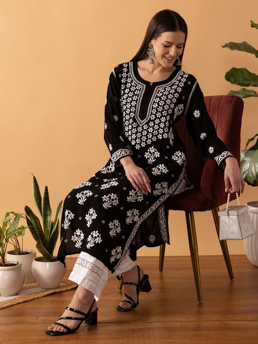 ADA Floral Printed Lucknowi Chikankari Kurta | Swadesiicart
