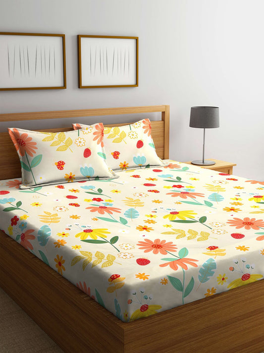 KLOTTHE White & Yellow Printed 300 TC Double King Fitted Bedsheet With 2 Pillow Covers - Swadesiicart