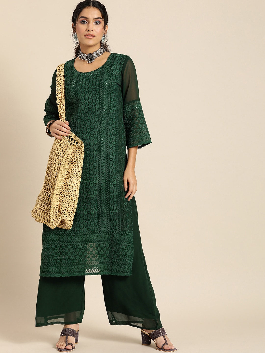 Sangria Women Green Ethnic Motifs Chikankari Kurta with Palazzos | Swadesiicart