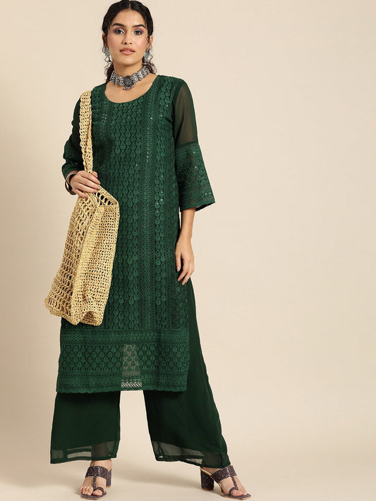 Sangria Women Green Ethnic Motifs Chikankari Kurta with Palazzos | Swadesiicart