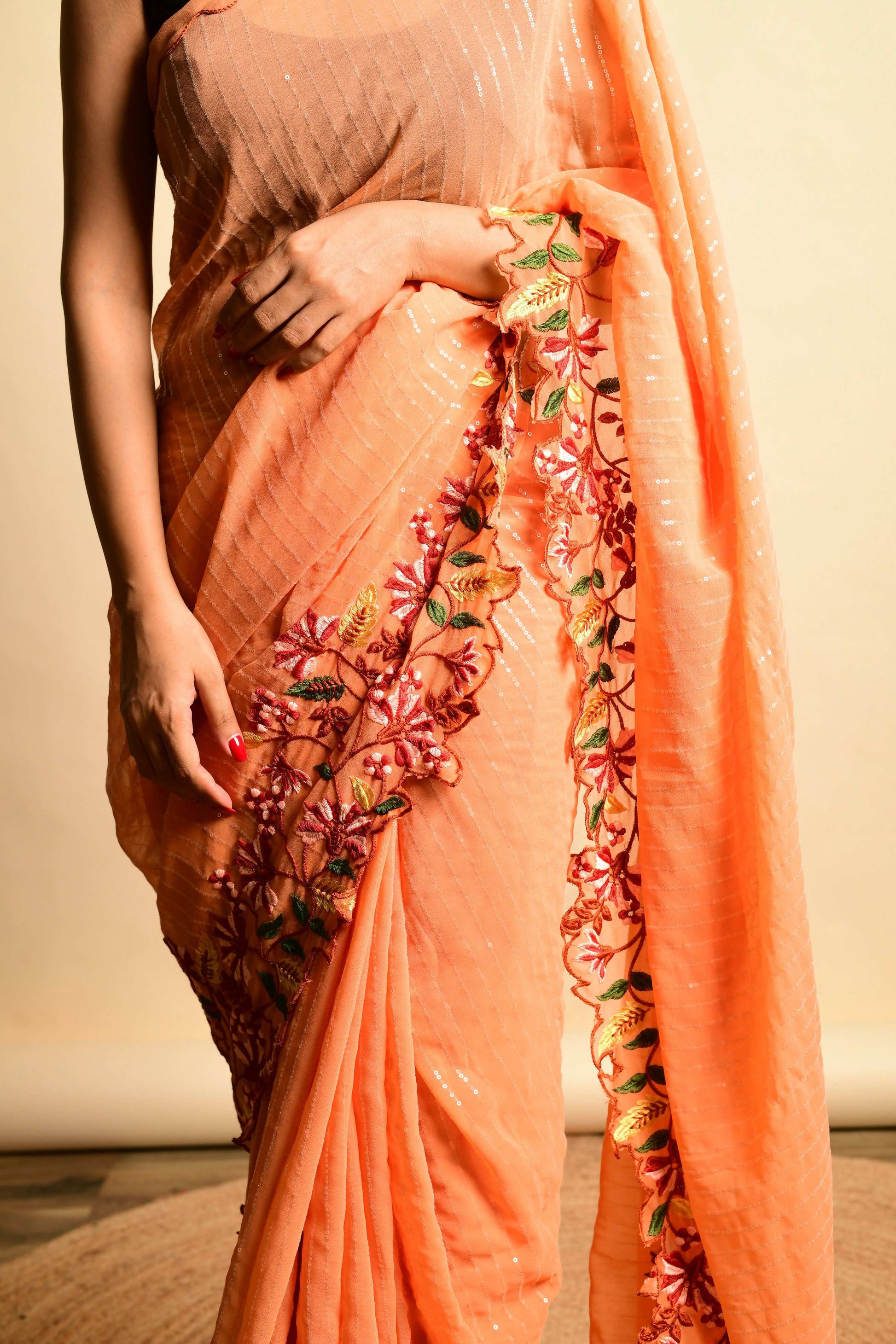 Vamsee Sparkle Sparkle - Orange Georgette Saree - Swadesiicart