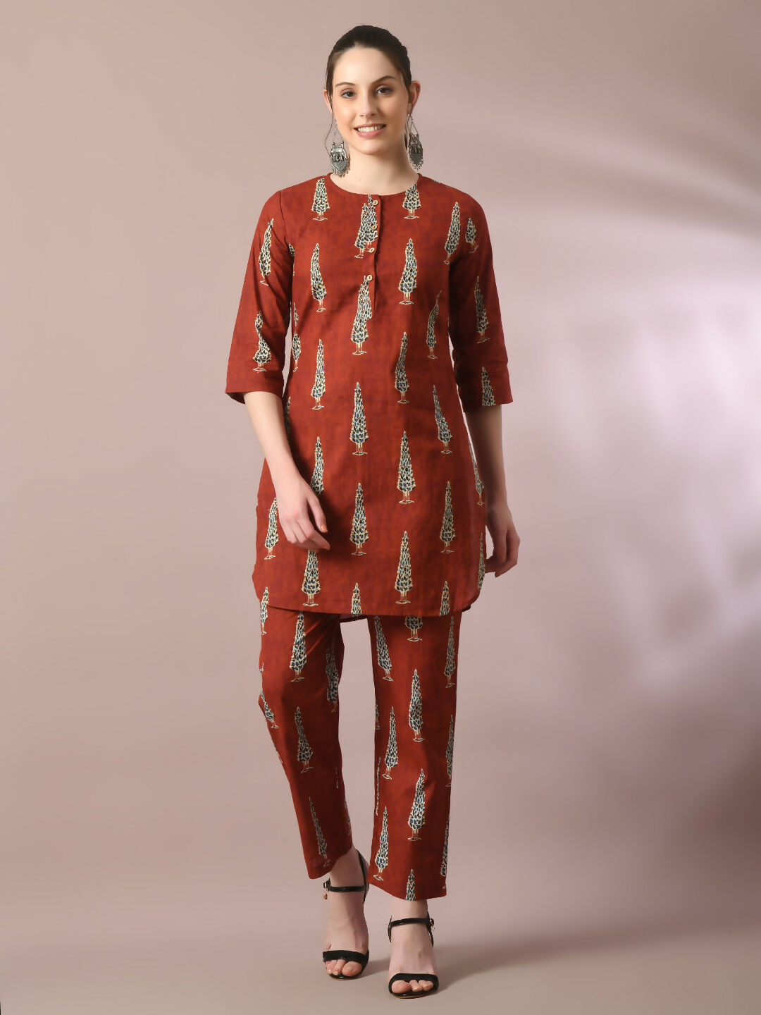Myshka Women's Rust Printed Cotton Round Neck Party Tunic With Trousers Co-ord set - Swadesiicart