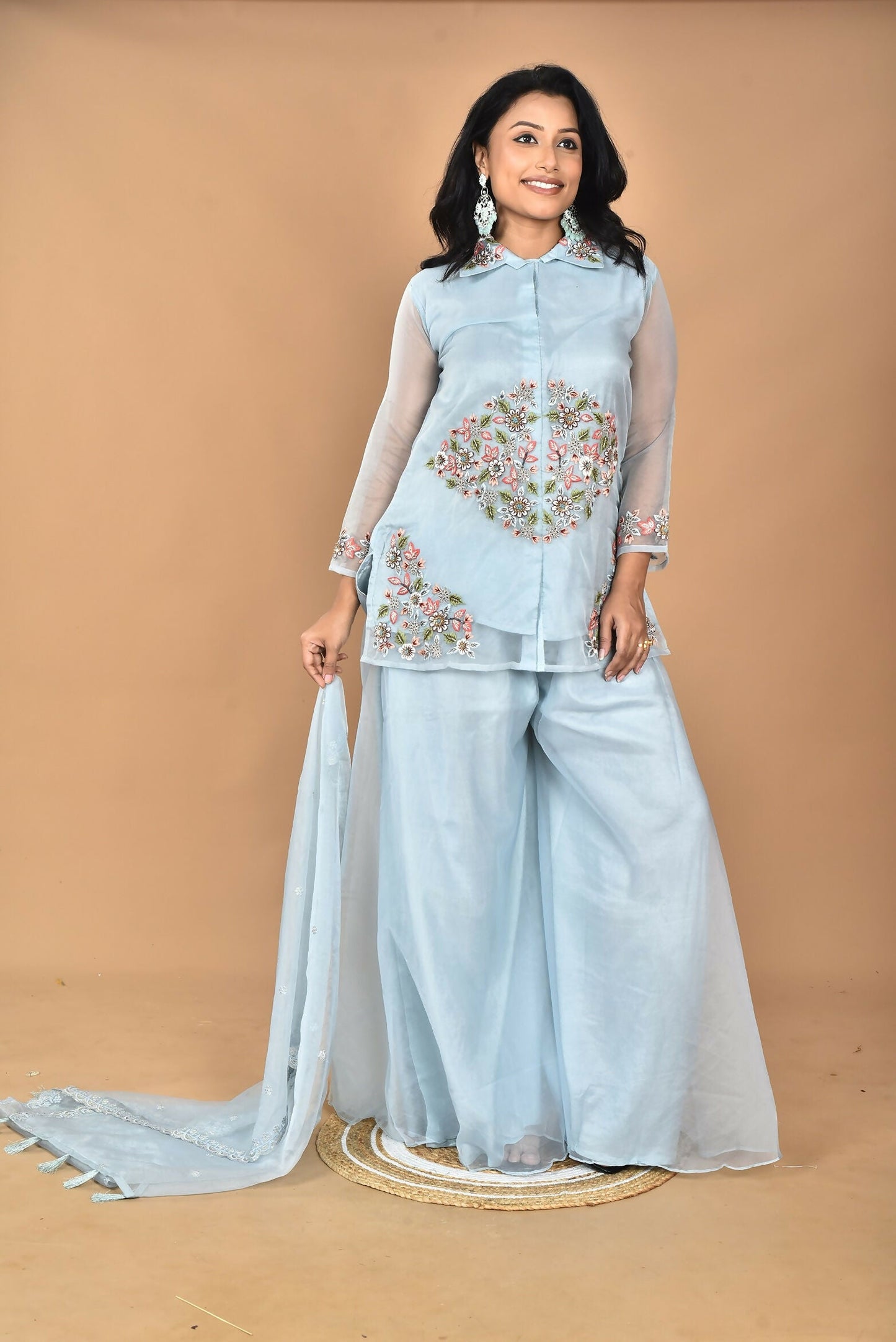 Morchari Women And Hand Embroidery Palazzo Set-Sky Blue - Swadesiicart