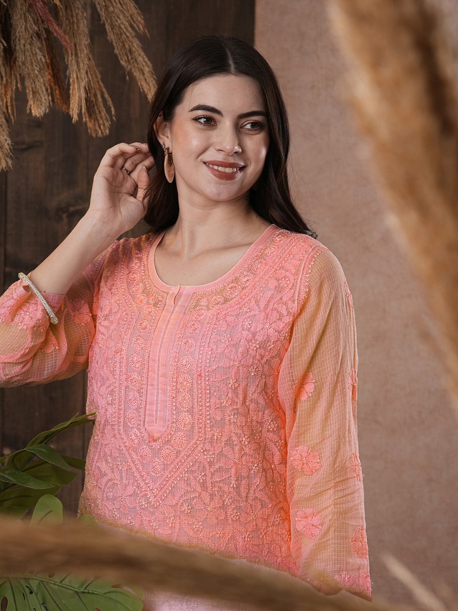 ADA Women Peach-Coloured Chikankari Hand Embroidered Straight Kota Handloom Kurta With Matching Slip | Swadesiicart