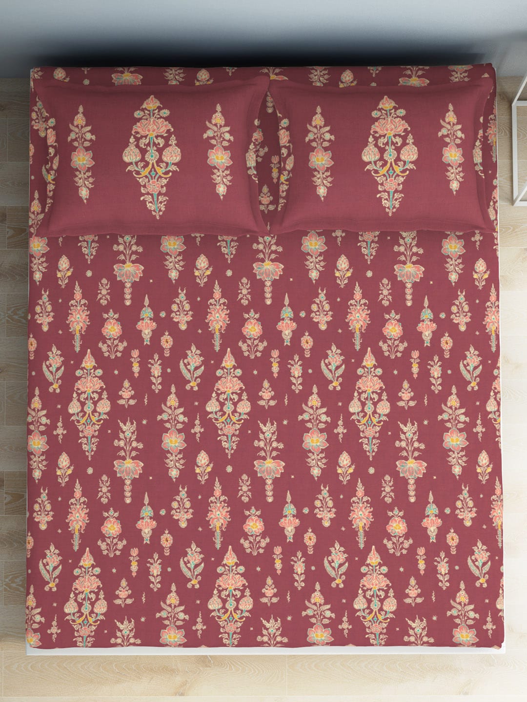 SPACES Aurum Red Ethnic Motifs Pure Cotton 140 TC Queen Bedsheet with 2 Pillow Covers - Swadesiicart