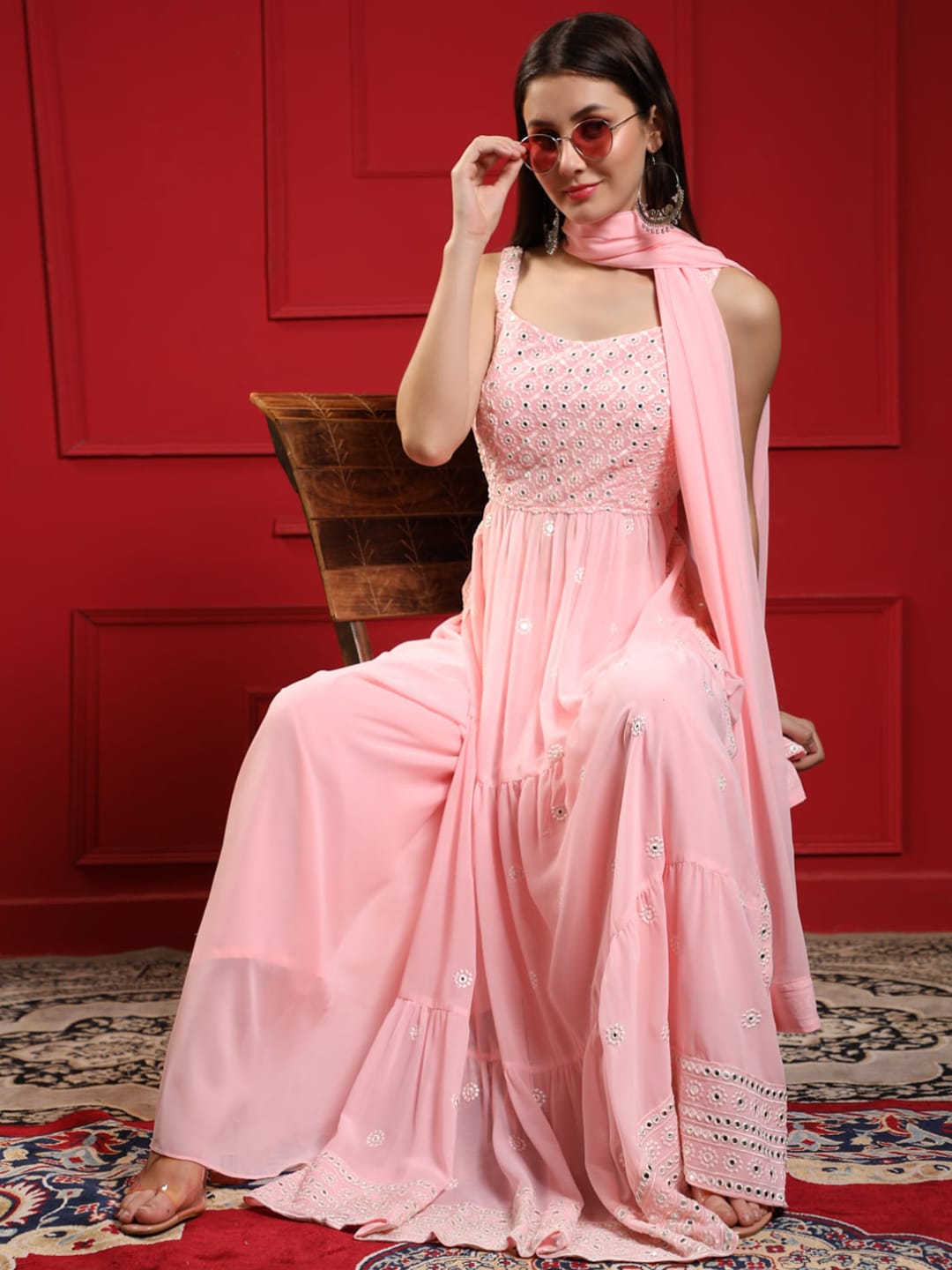 Kalini Women Pink Floral Embroidered Pleated Mirror Work Kurta with Sharara & With Dupatta | Swadesiicart