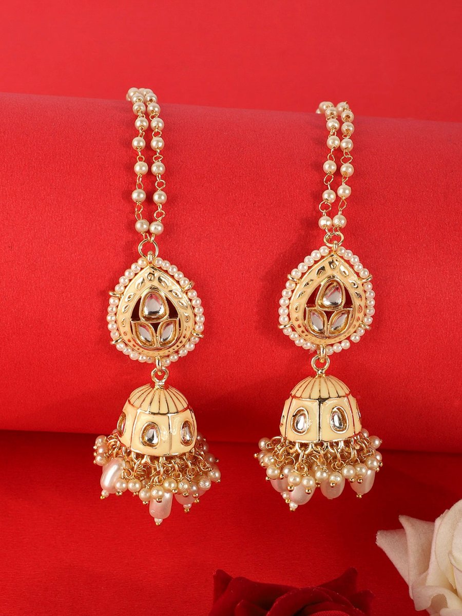 Anikas Creation Cream-Coloured & Gold Toned Kundan & Pearl Jadau Dome Shaped Jhumkas | Swadesiicart