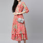 Souchii Women Pink & Green Floral Layered A-Line Midi Dress - Swadesiicart