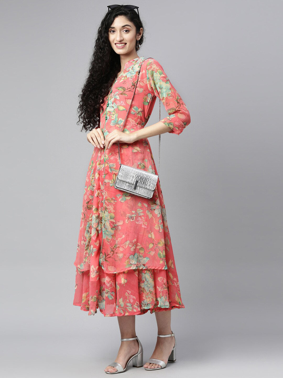 Souchii Women Pink & Green Floral Layered A-Line Midi Dress - Swadesiicart
