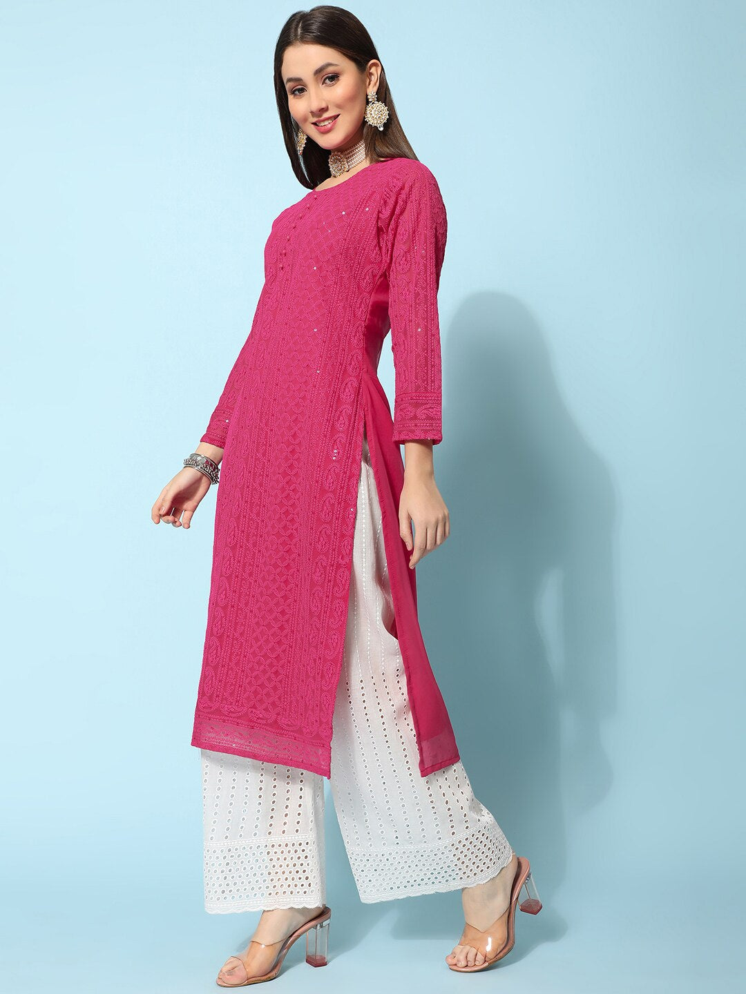 Kalini Ethnic Motifs Embroidered Chikankari Georgette Kurta | Swadesiicart