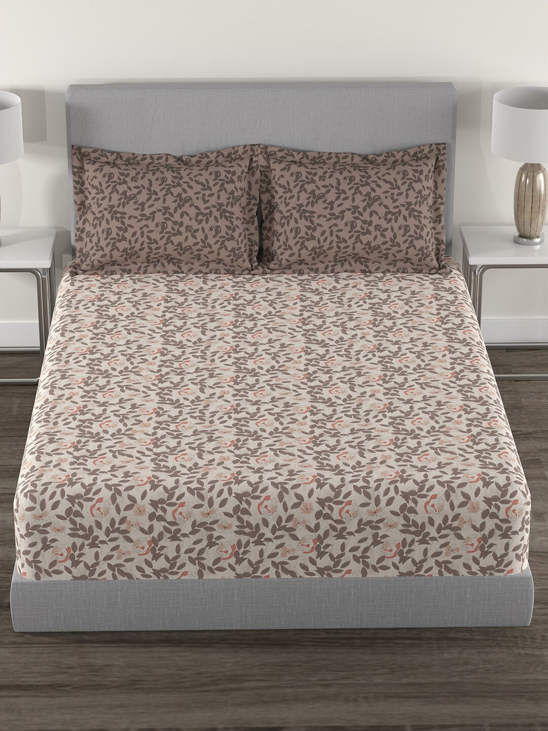 MYTRIDENT Brown White Floral Cotton 144 TC Queen Bedsheet With 2 Pillow Covers - Swadesiicart