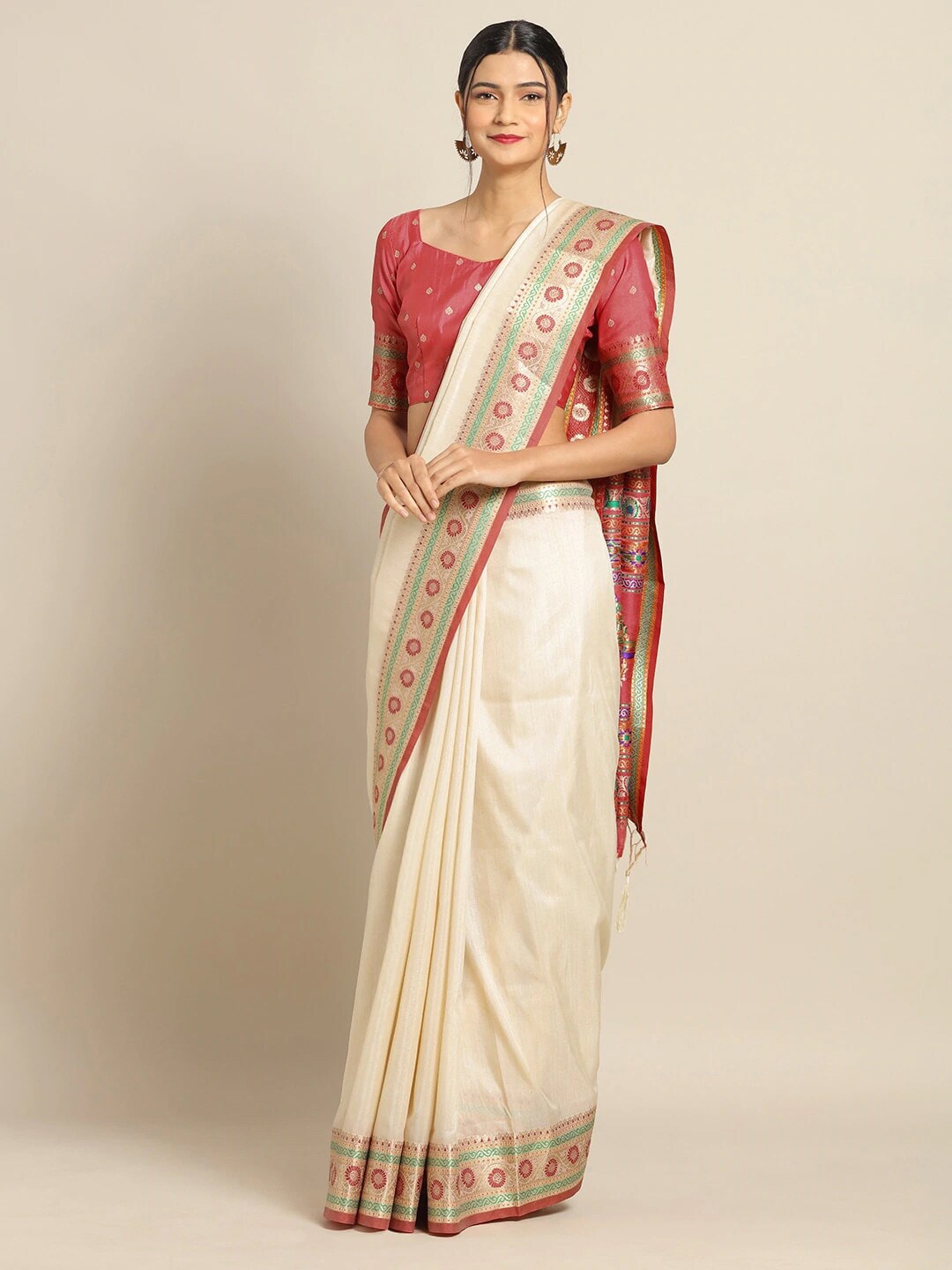 Saree Mall Cream Silk Blend Banarasi Sarees | Swadesiicart