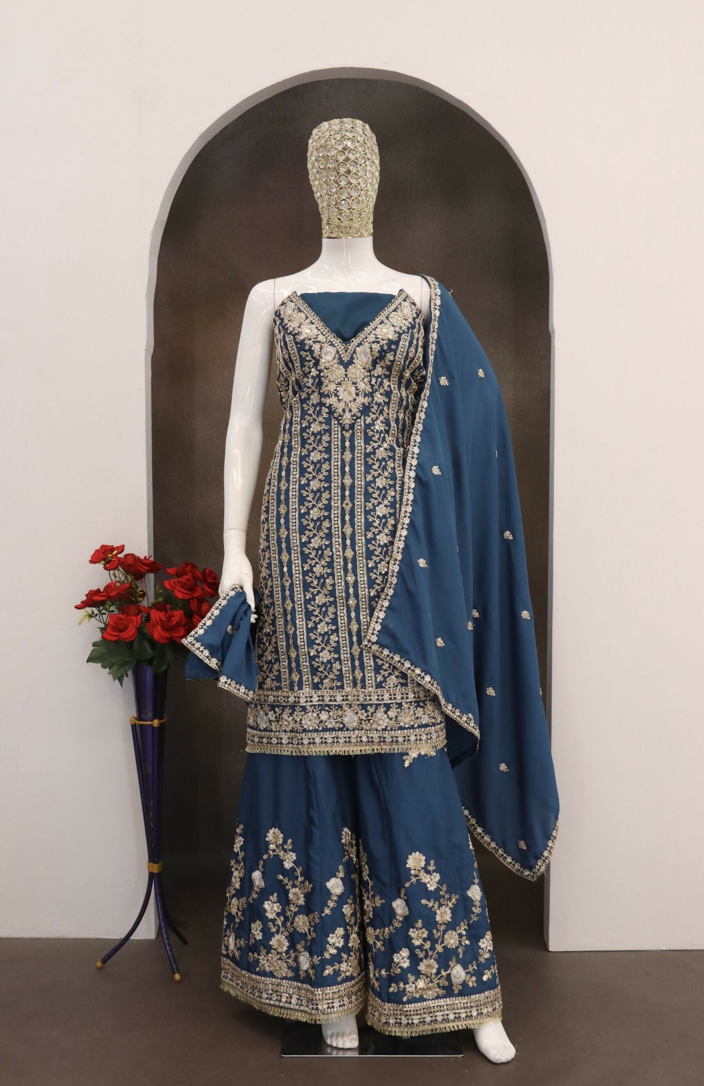 Anaita Teal Blue Chinon Stitched Suit with Embroidery Codding Sequence Work