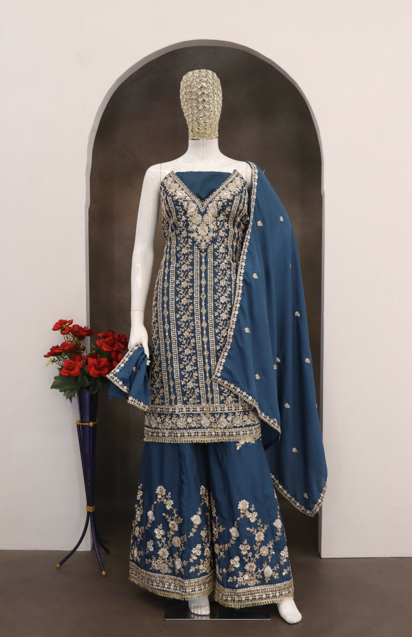Anaita Teal Blue Chinon Stitched Suit with Embroidery Codding Sequence Work
