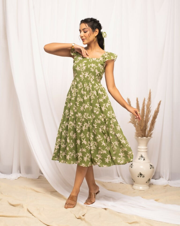 FIORRA Women's Mehandi Green Georgette Floral Printed Dress - Swadesiicart